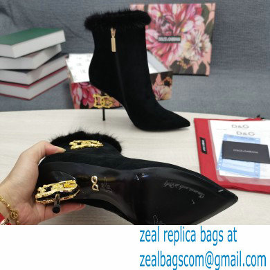 Dolce  &  Gabbana Mink Fur Thin Heel 10.5cm Leather Ankle Boots Suede Black with Baroque DG Heel 2021